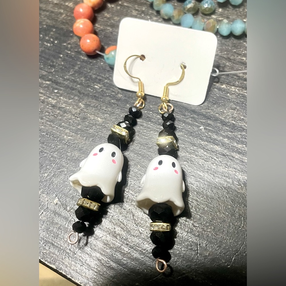 Ghost Dangle Earrings with Black Beads
